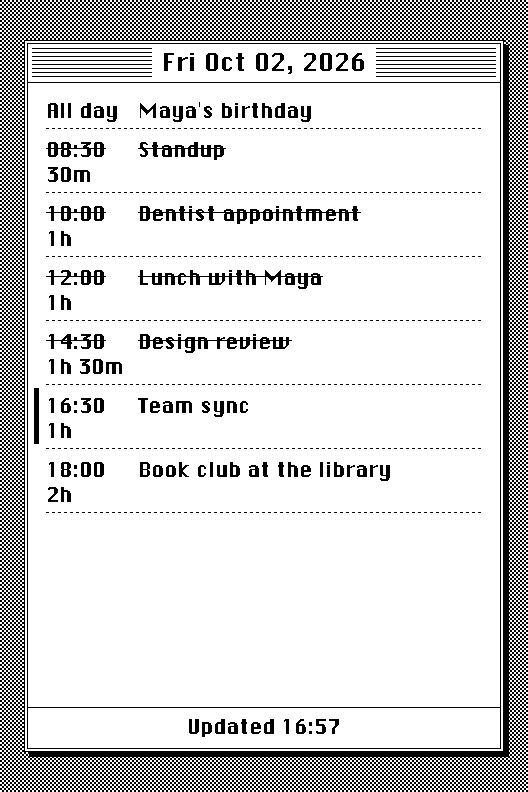 Calendar Day sleep screen with finished events struck through and the current event marked