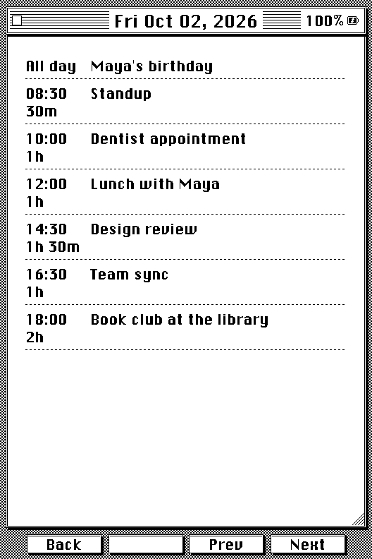 Day View listing every event for the day with its start time, length and full title