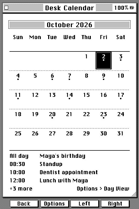 Desk Calendar for October with a small square under every day that has an event, and the selected day's events listed underneath