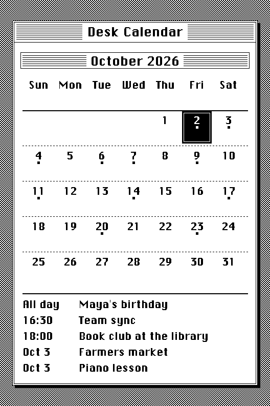 Desk Calendar sleep screen showing the month with event squares and the next events