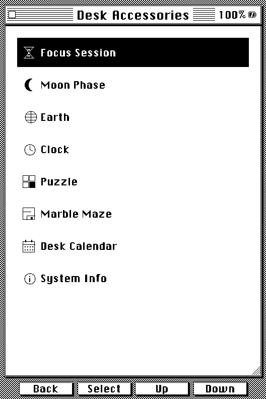 Desk Accessories menu listing Focus Session, Moon Phase, Earth, Clock, Puzzle, Desk Calendar, and System Info