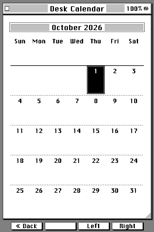 Desk Calendar month view with the first of the month marked