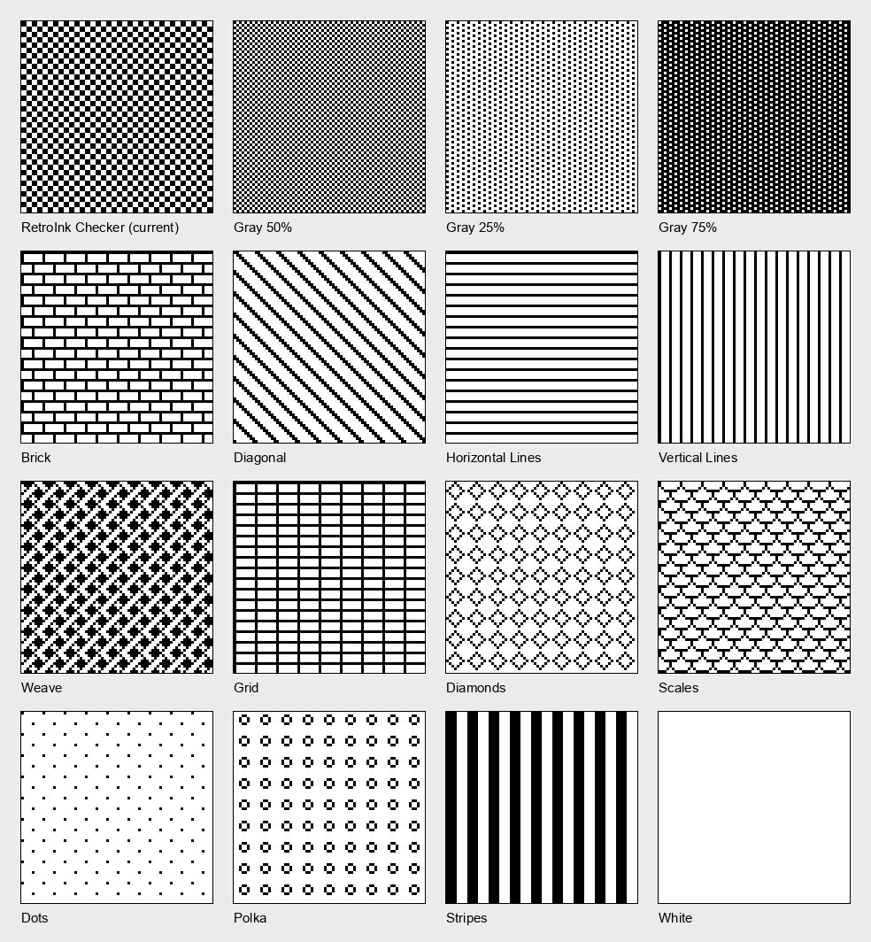 The sixteen desktop patterns: Checker, Gray 50%, Gray 25%, Gray 75%, Brick, Diagonal, Horizontal Lines, Vertical Lines, Weave, Grid, Diamonds, Scales, Dots, Polka, Stripes, and White