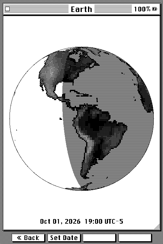 Earth globe over the Americas with the day/night line running down the Atlantic