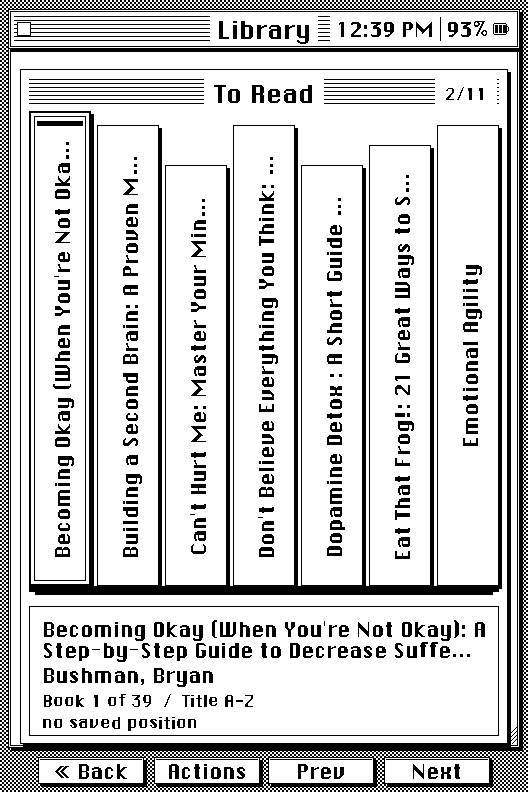 RetroInk's on-device Library screen, showing the To Read shelf as book spines you page through