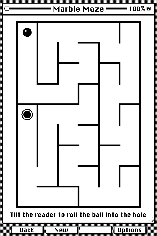 Marble Maze: a random maze with the ball at the top left and the hole in the middle