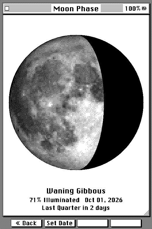 Moon Phase showing a waning gibbous moon, 71% illuminated, last quarter in 2 days