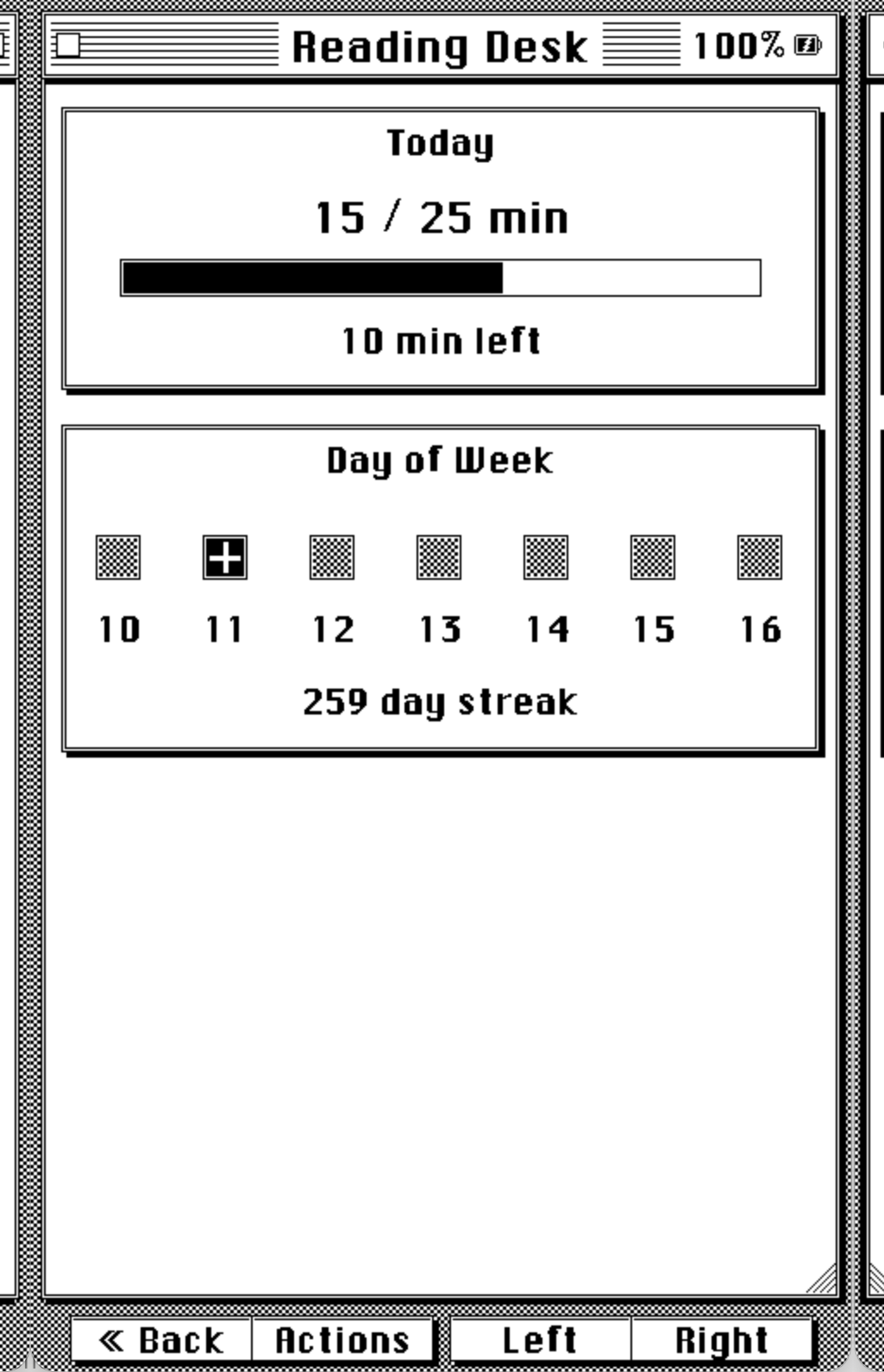 Reading Desk Today view with goal progress bar and day streak