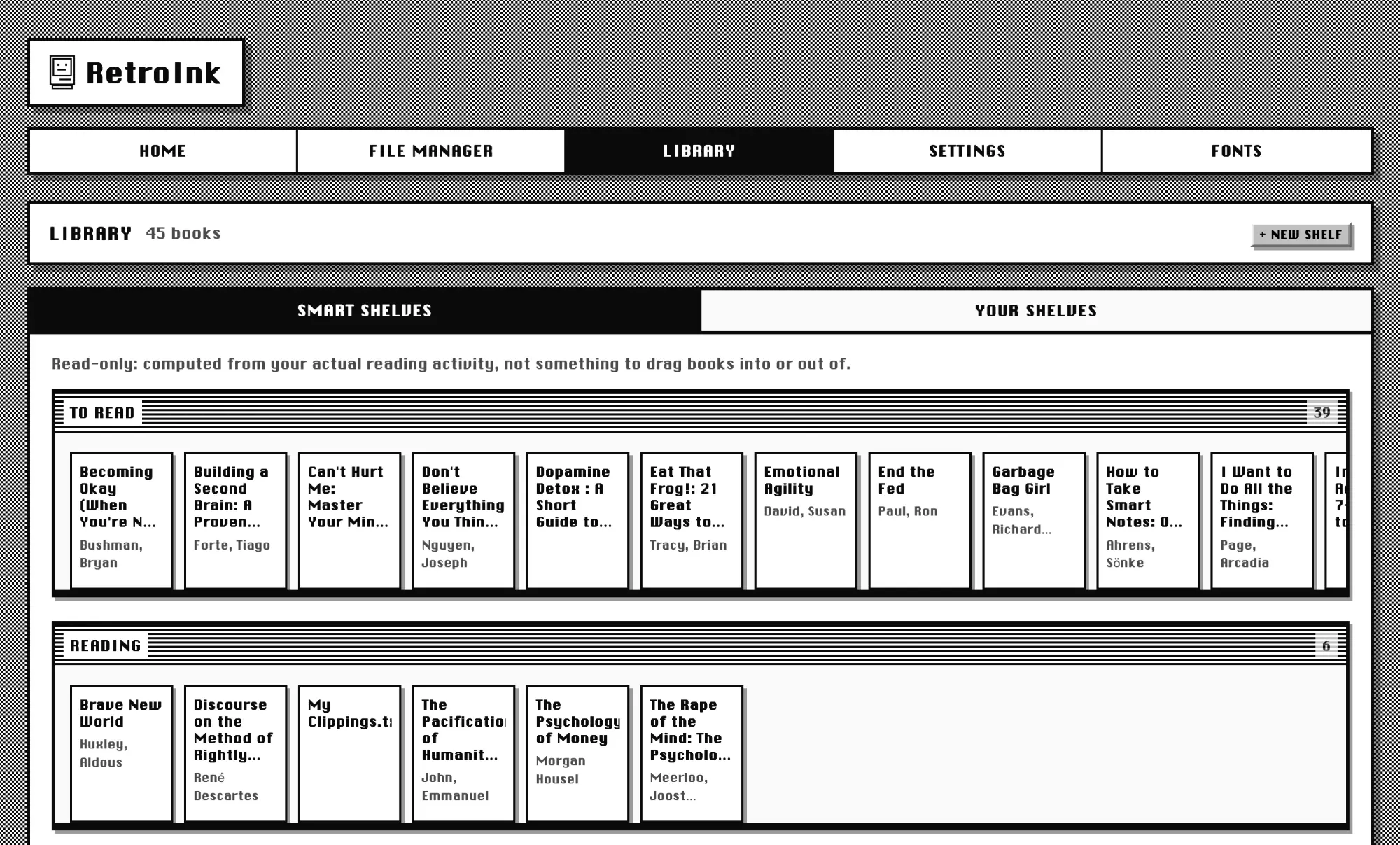 Web portal Library tab, Smart Shelves view, showing the To Read and Reading shelves