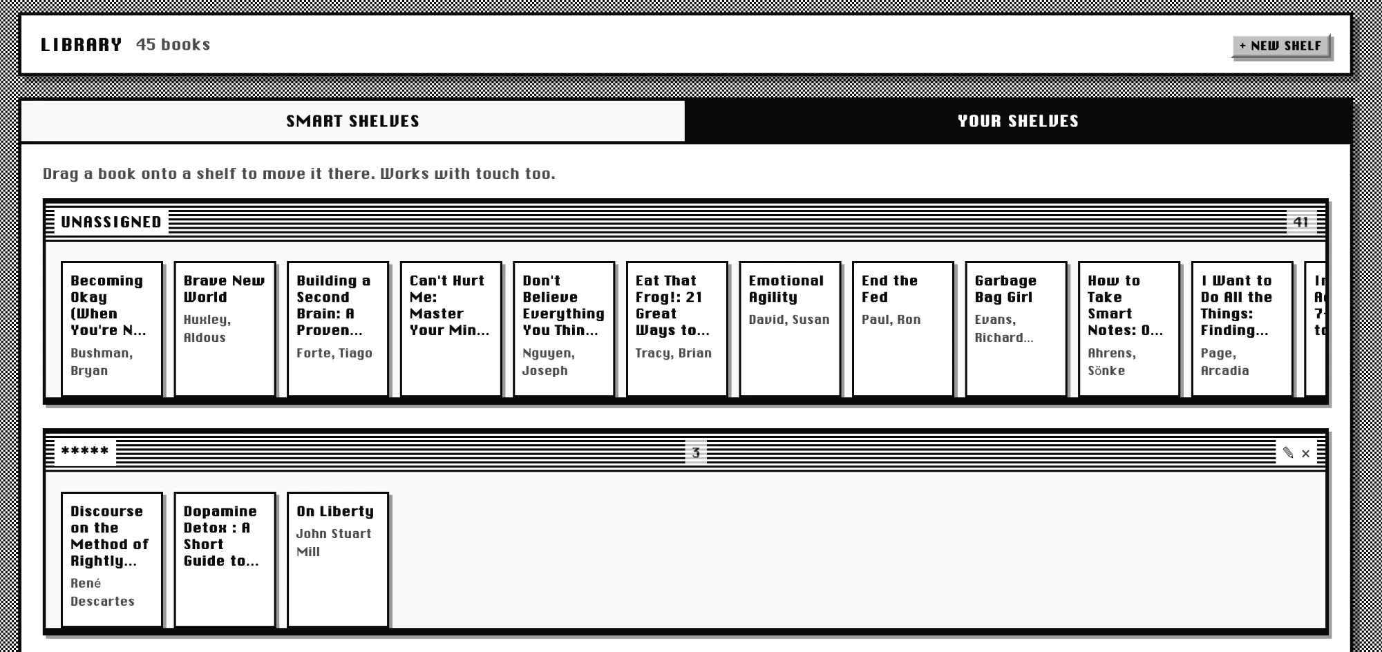 Web portal Library tab, Your Shelves view, showing an Unassigned shelf and a custom shelf